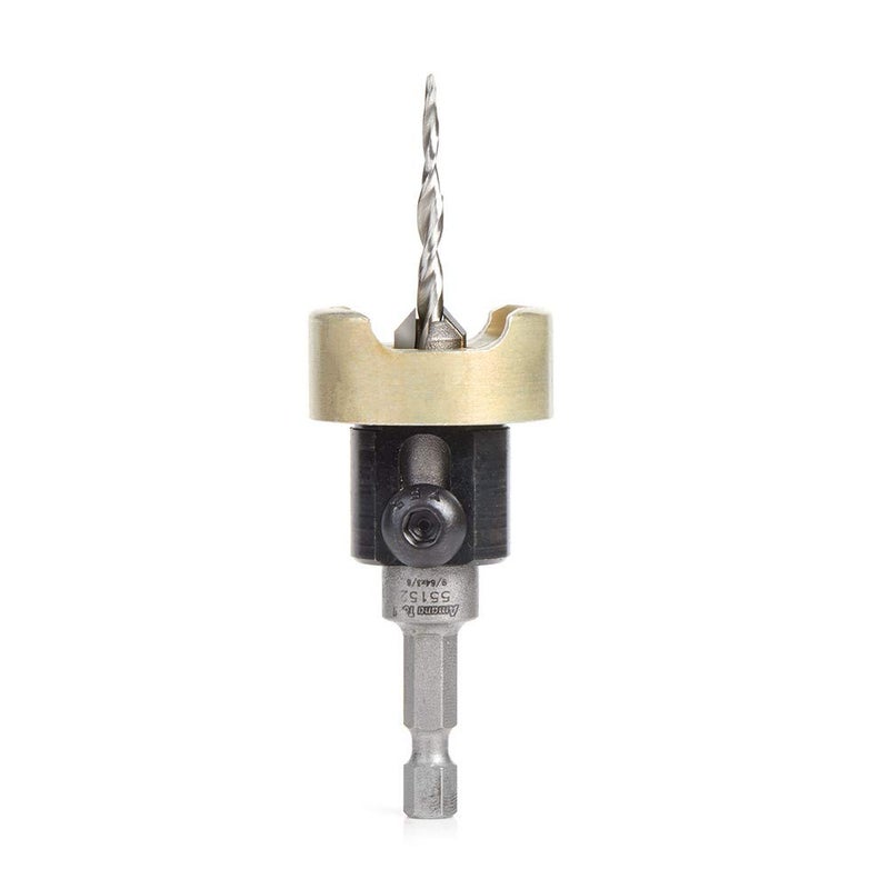 Amana Tool 82 Degree Countersink with Tapered Drill Bit and Adjustable Depth Stop, 55152, 3/8 D x 9/64 Drill D x 1/4 Inch Quick Release Hex Shank